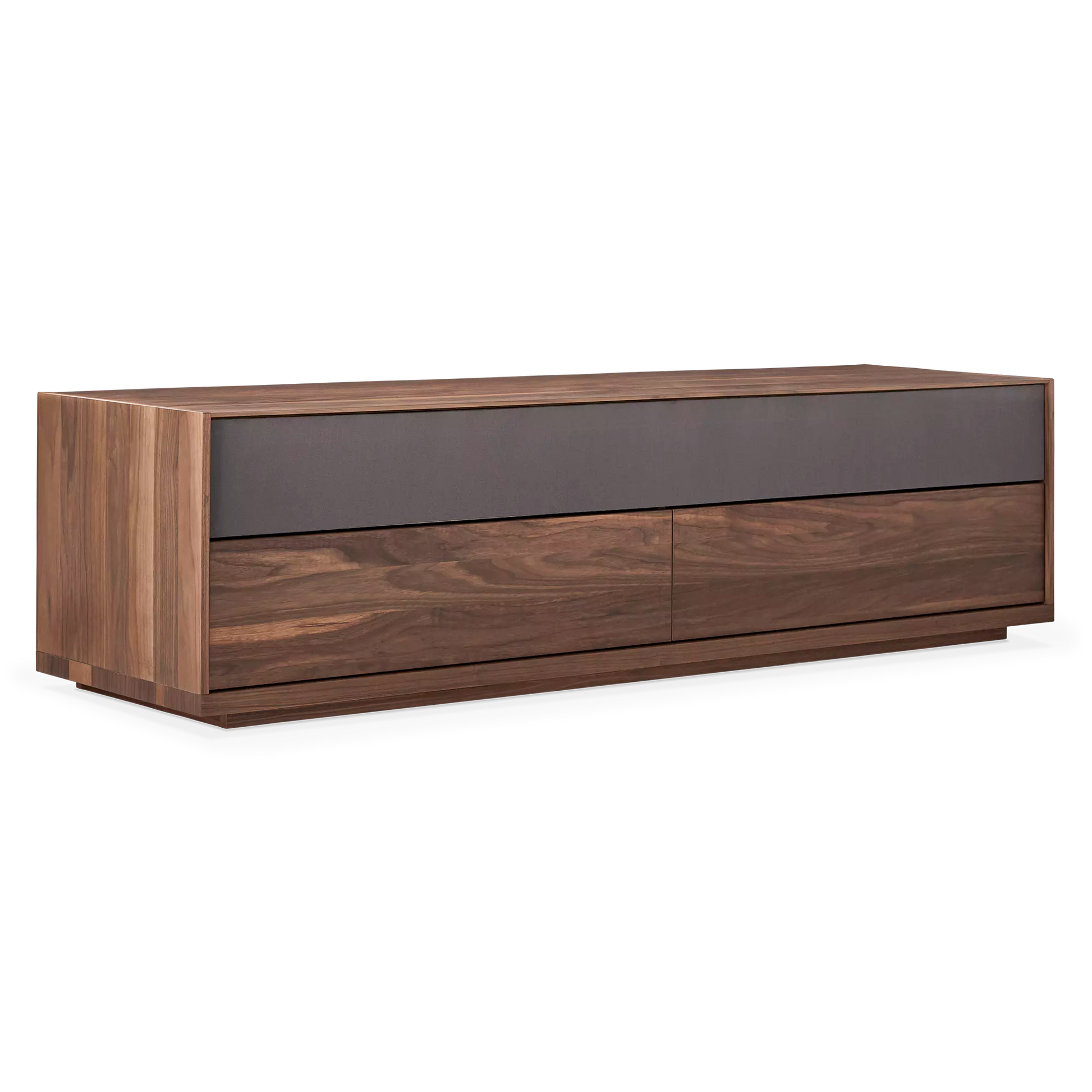 Long wooden sideboard with two-tone drawers, top drawer in gray and bottom drawers in wood finish