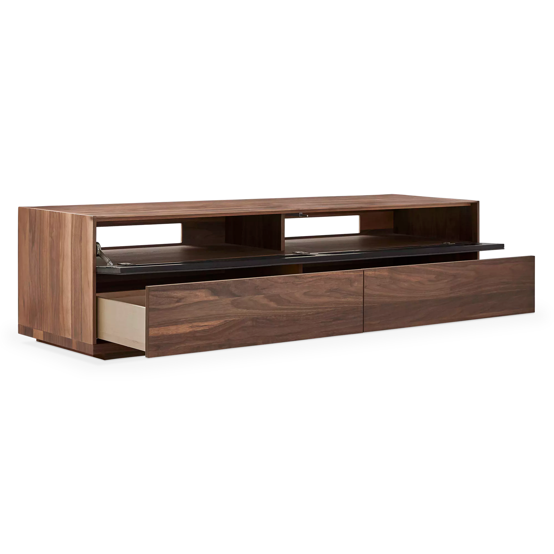 Open media cabinet with two top compartments and two bottom drawers, sliding hardware visible