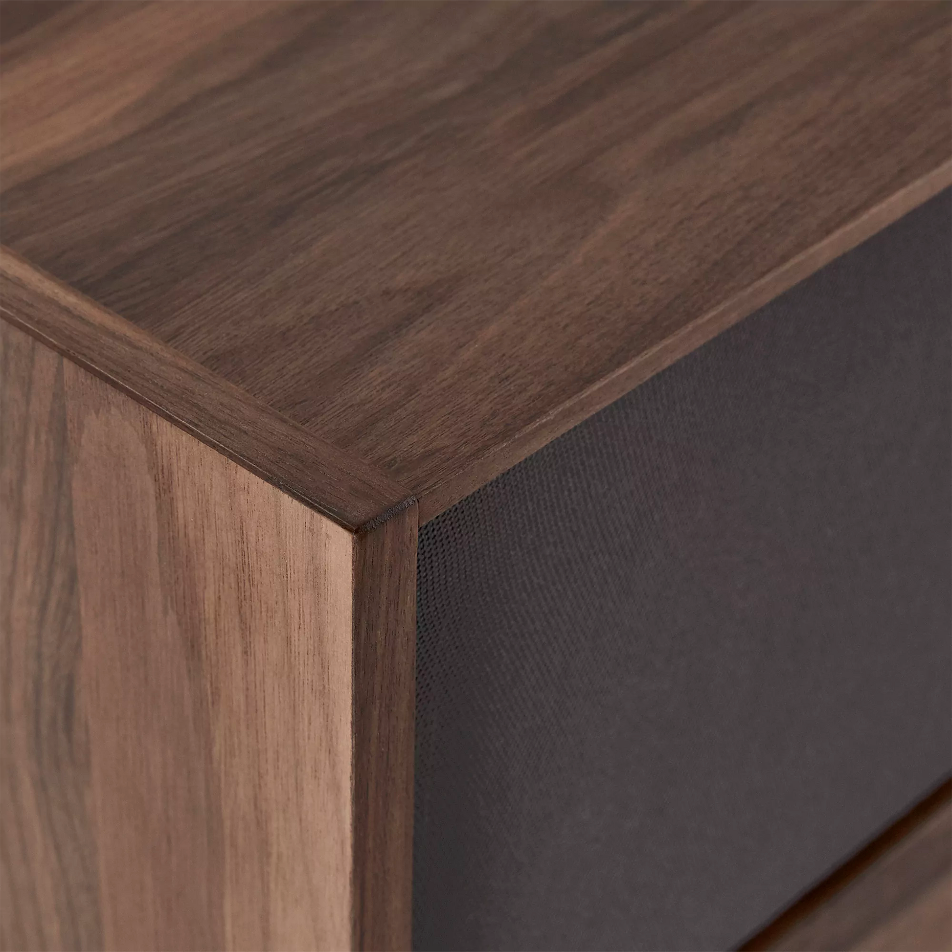 Wood grain edge and dark panel on the side of the cabinet