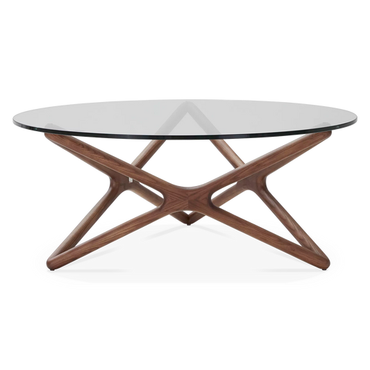 Quasar - Table basse ronde en verre et en noyer