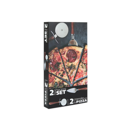 Acacia - pizza serving set - stainless steel & acacia