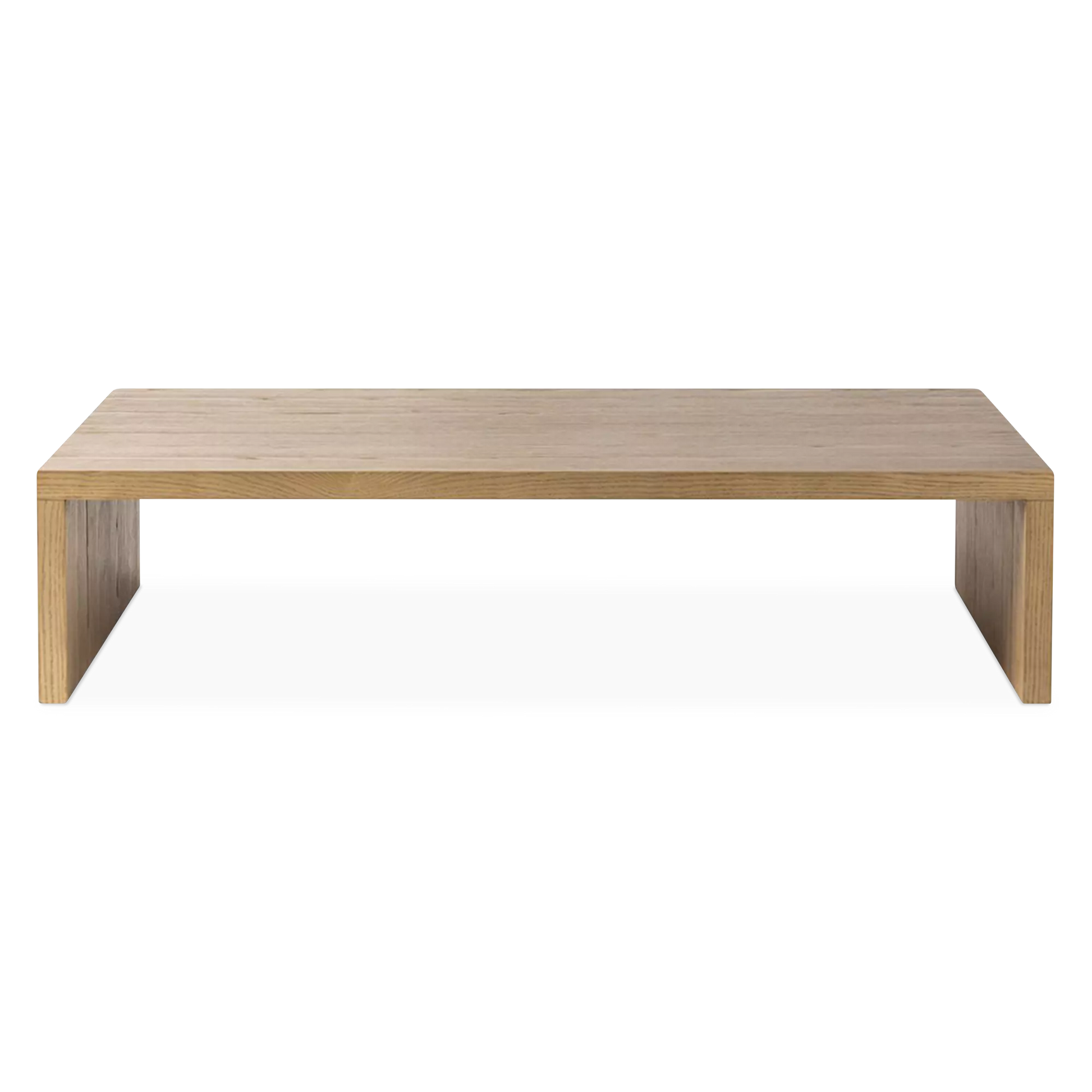 A wooden coffee table with a slatted top and thick legs